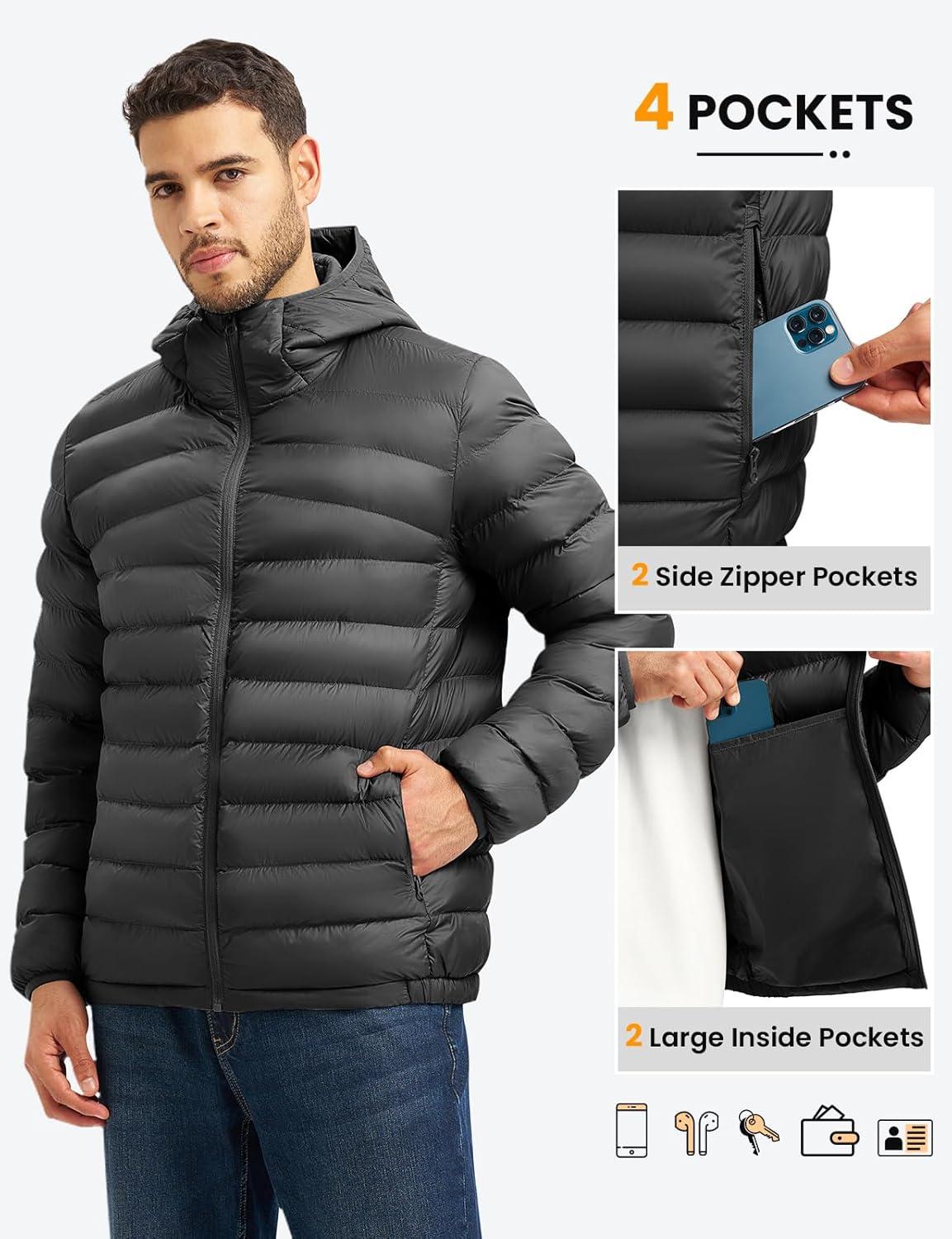 imageTBMPOY Mens Lightweight Packable Puffer Jackets Hooded Winter Bubble Coat Warm WaterResistant for Travel Casual HikingBlack