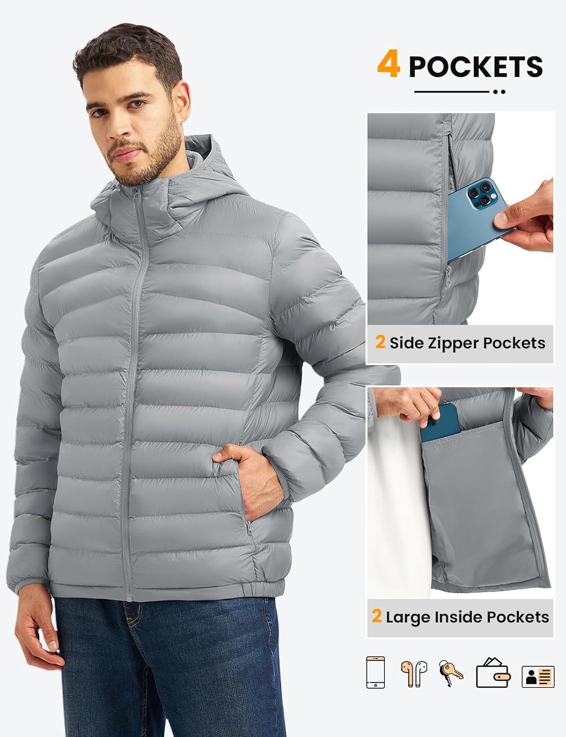 imageTBMPOY Mens Lightweight Packable Puffer Jackets Hooded Winter Bubble Coat Warm WaterResistant for Travel Casual HikingLight Grey