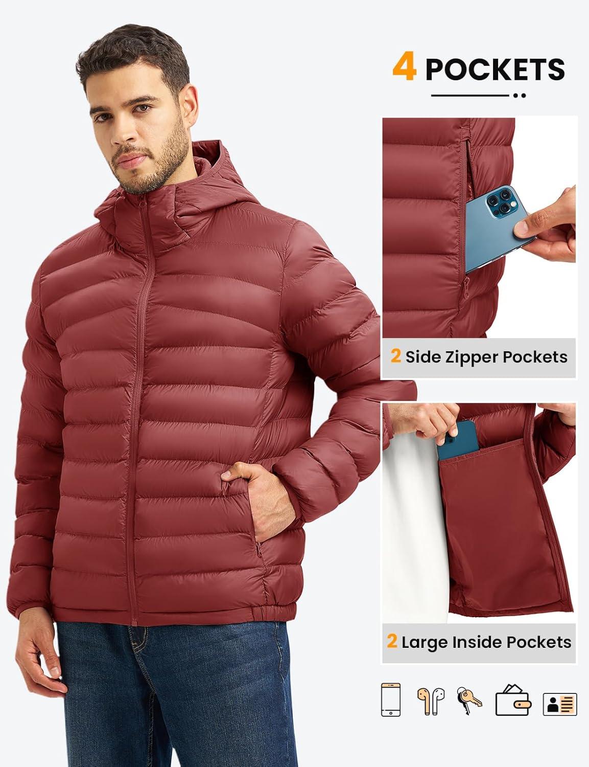 imageTBMPOY Mens Lightweight Packable Puffer Jackets Hooded Winter Bubble Coat Warm WaterResistant for Travel Casual HikingRed