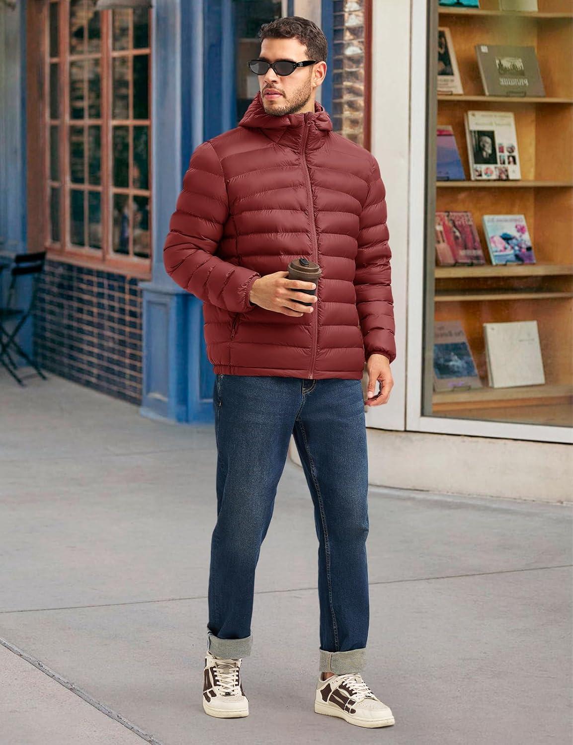 imageTBMPOY Mens Lightweight Packable Puffer Jackets Hooded Winter Bubble Coat Warm WaterResistant for Travel Casual HikingRed