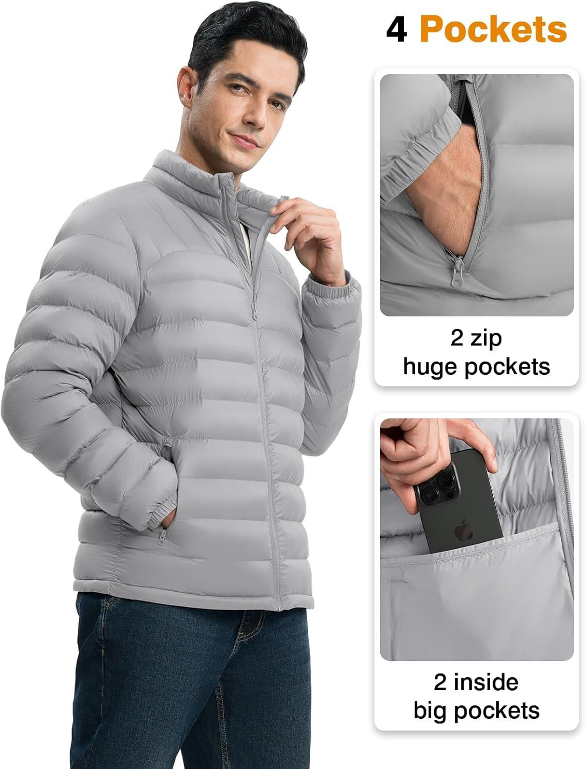 imageTBMPOY Mens Lightweight Packable Puffer Winter Jackets Puffy WaterResistant Bubble Insulated Coat for Travel Ski HikingLight Grey