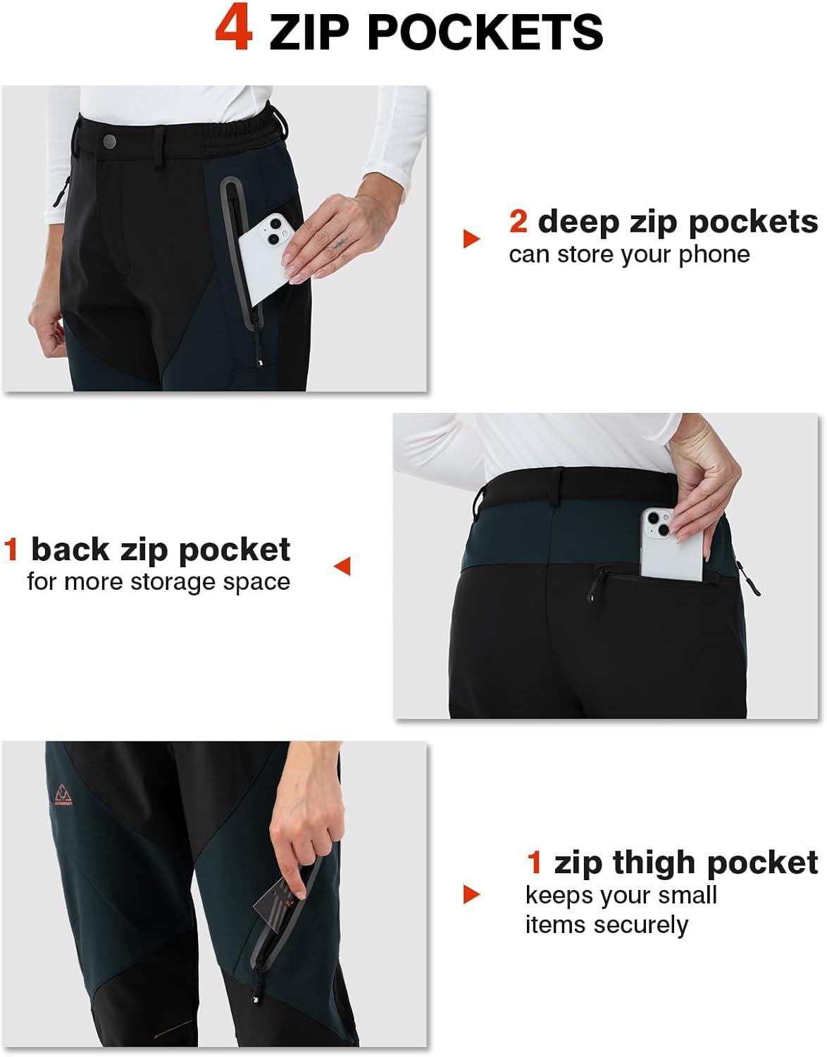 imageTBMPOY Womens Fleece Lined Ski Snow Pants Waterproof Winter Cargo Hiking Warm Thermal Softshell Insulated Outdoor PantBlack