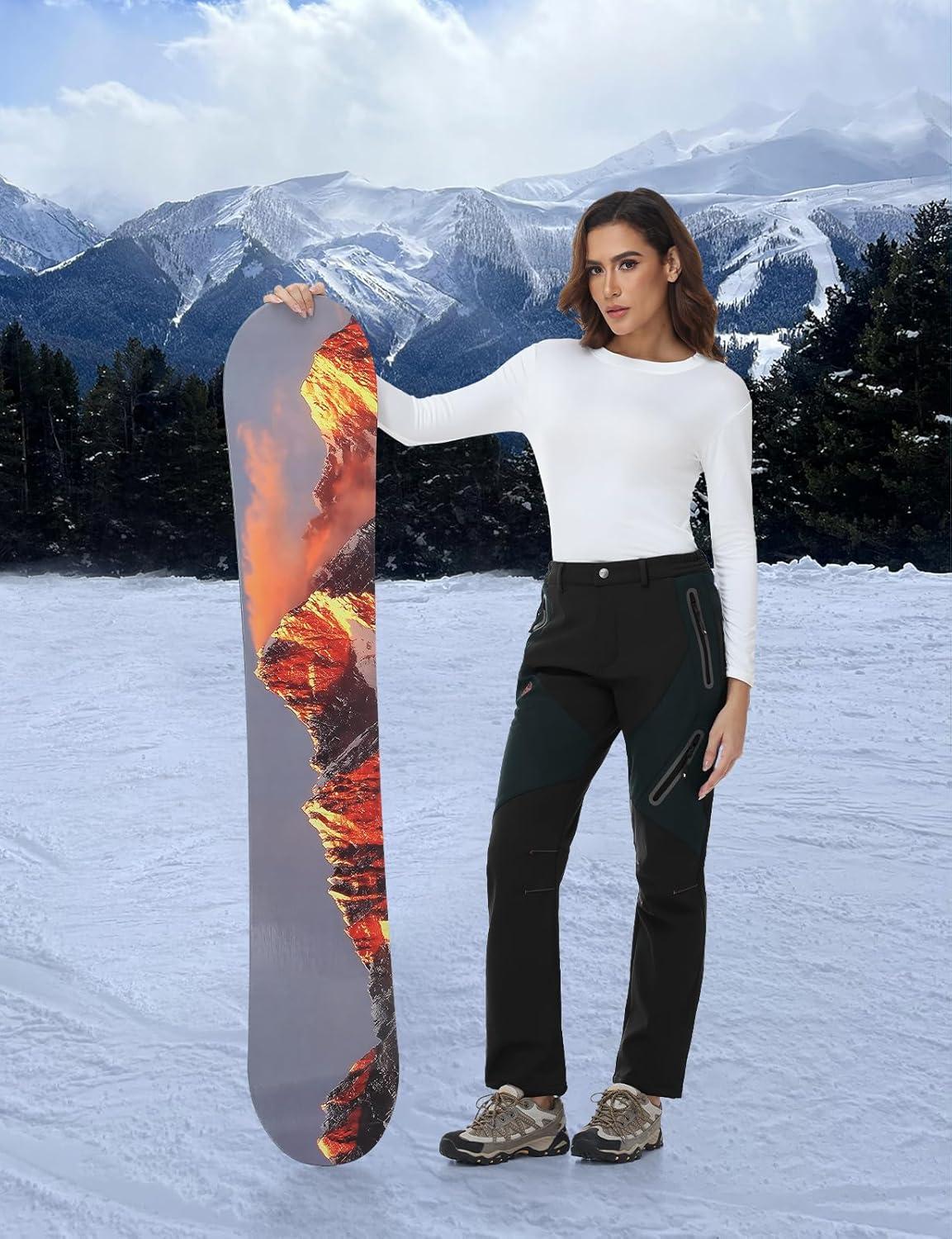 imageTBMPOY Womens Fleece Lined Ski Snow Pants Waterproof Winter Cargo Hiking Warm Thermal Softshell Insulated Outdoor PantBlack