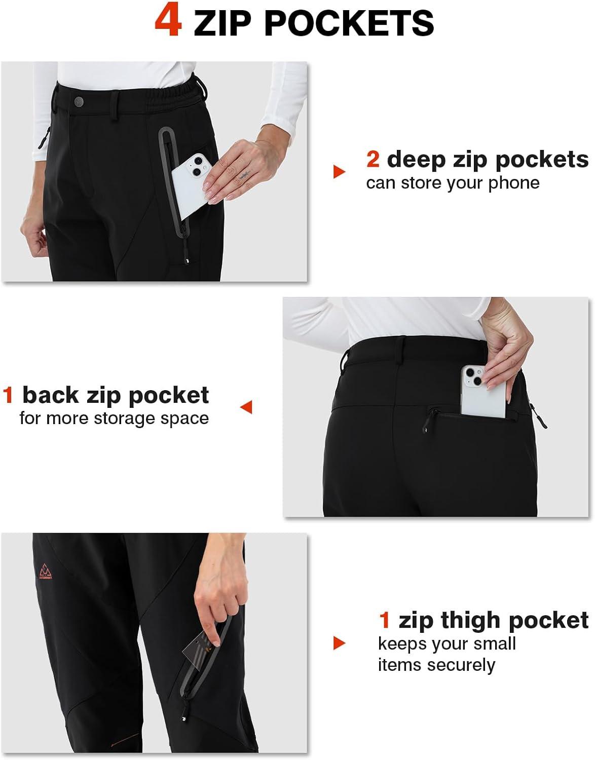 imageTBMPOY Womens Fleece Lined Ski Snow Pants Waterproof Winter Cargo Hiking Warm Thermal Softshell Insulated Outdoor PantFull Black