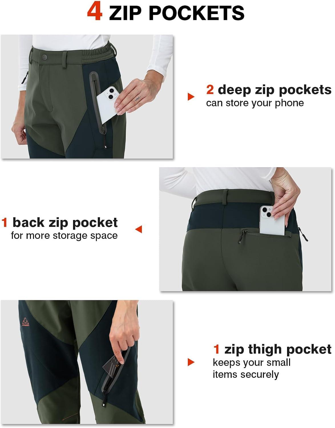 imageTBMPOY Womens Fleece Lined Ski Snow Pants Waterproof Winter Cargo Hiking Warm Thermal Softshell Insulated Outdoor PantGreen