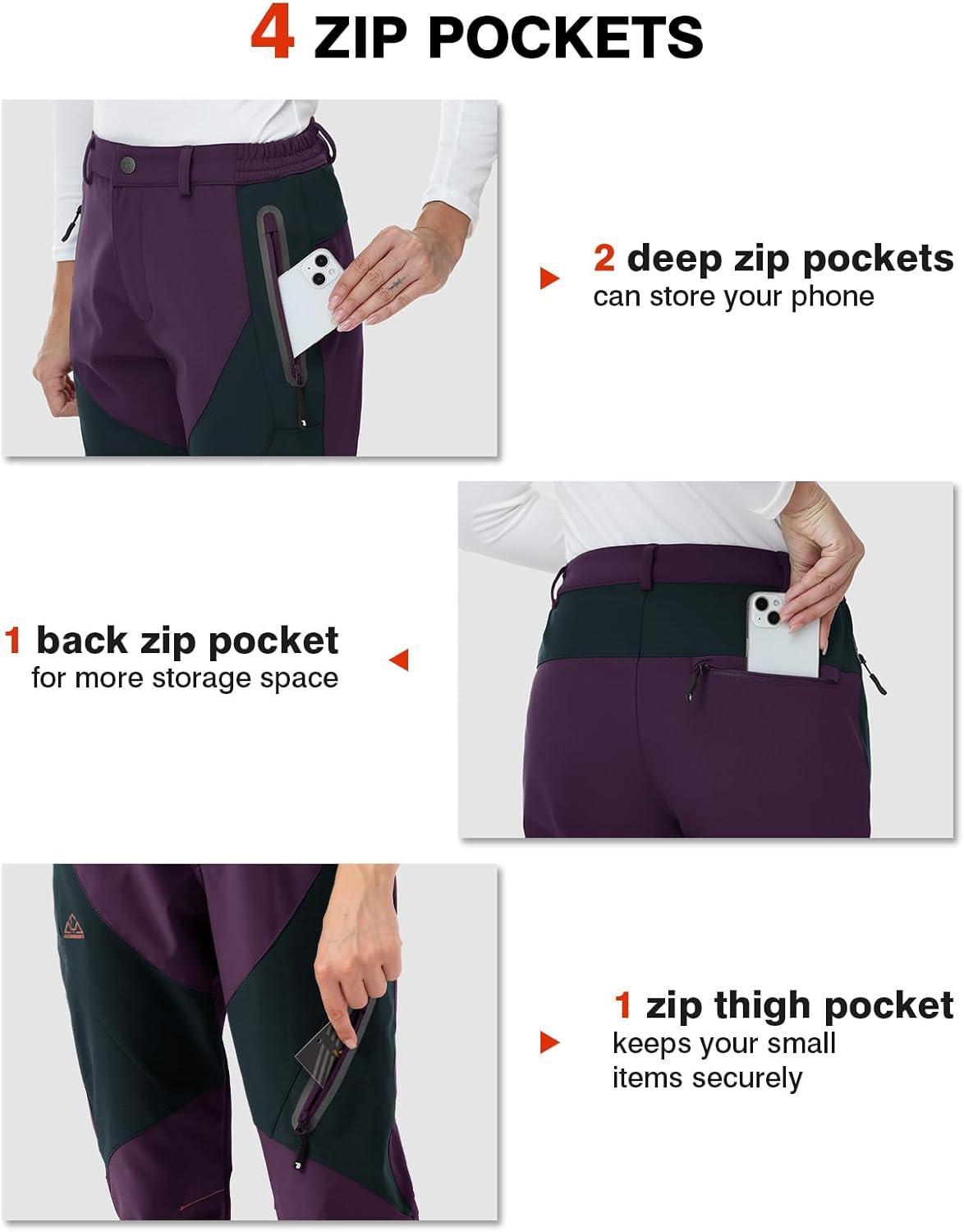 imageTBMPOY Womens Fleece Lined Ski Snow Pants Waterproof Winter Cargo Hiking Warm Thermal Softshell Insulated Outdoor PantPurple