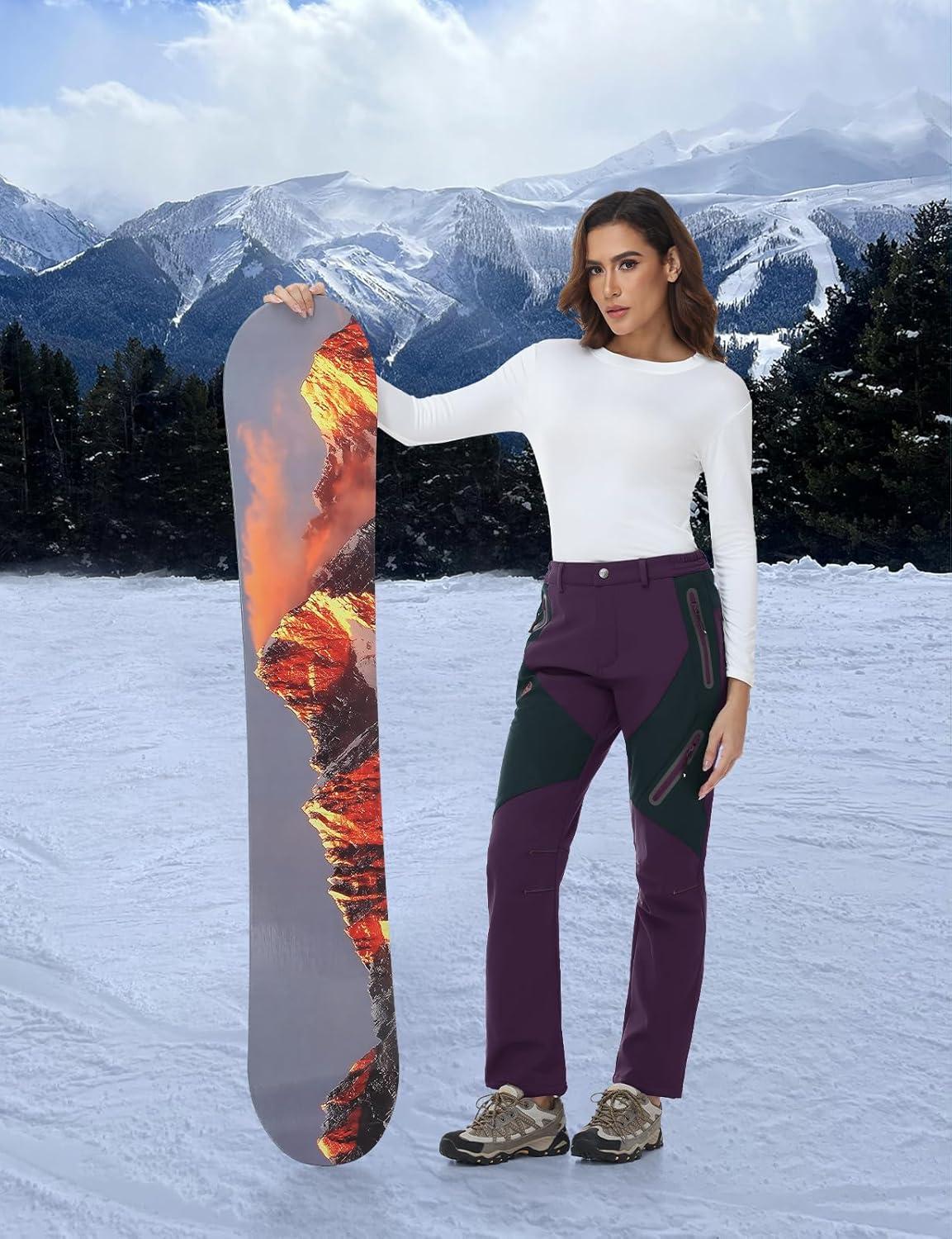 imageTBMPOY Womens Fleece Lined Ski Snow Pants Waterproof Winter Cargo Hiking Warm Thermal Softshell Insulated Outdoor PantPurple