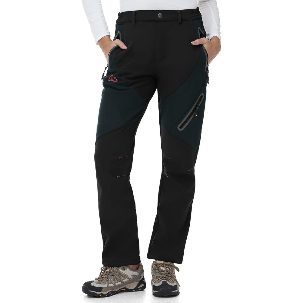 imageTBMPOY Womens Fleece Lined Ski Snow Pants Waterproof Winter Cargo Hiking Warm Thermal Softshell Insulated Outdoor PantBlack