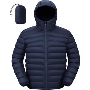 imageTBMPOY Mens Lightweight Packable Puffer Jackets Hooded Winter Bubble Coat Warm WaterResistant for Travel Casual HikingNavy