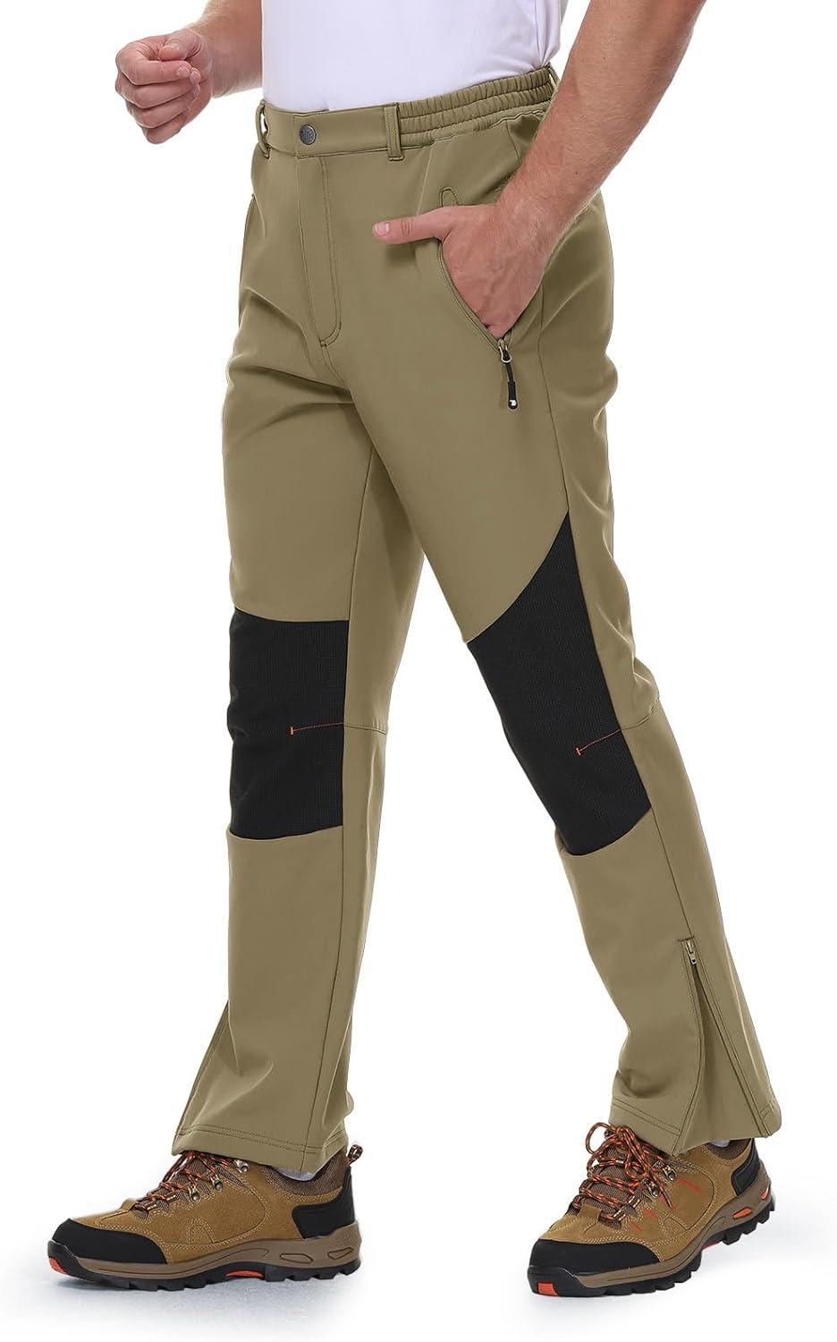 imageTBMPOY Mens Snow Ski Pants Waterproof Fleece Lined Insulated Softshell Winter Snowboard Hiking Zipper Bottom Leg3khaki
