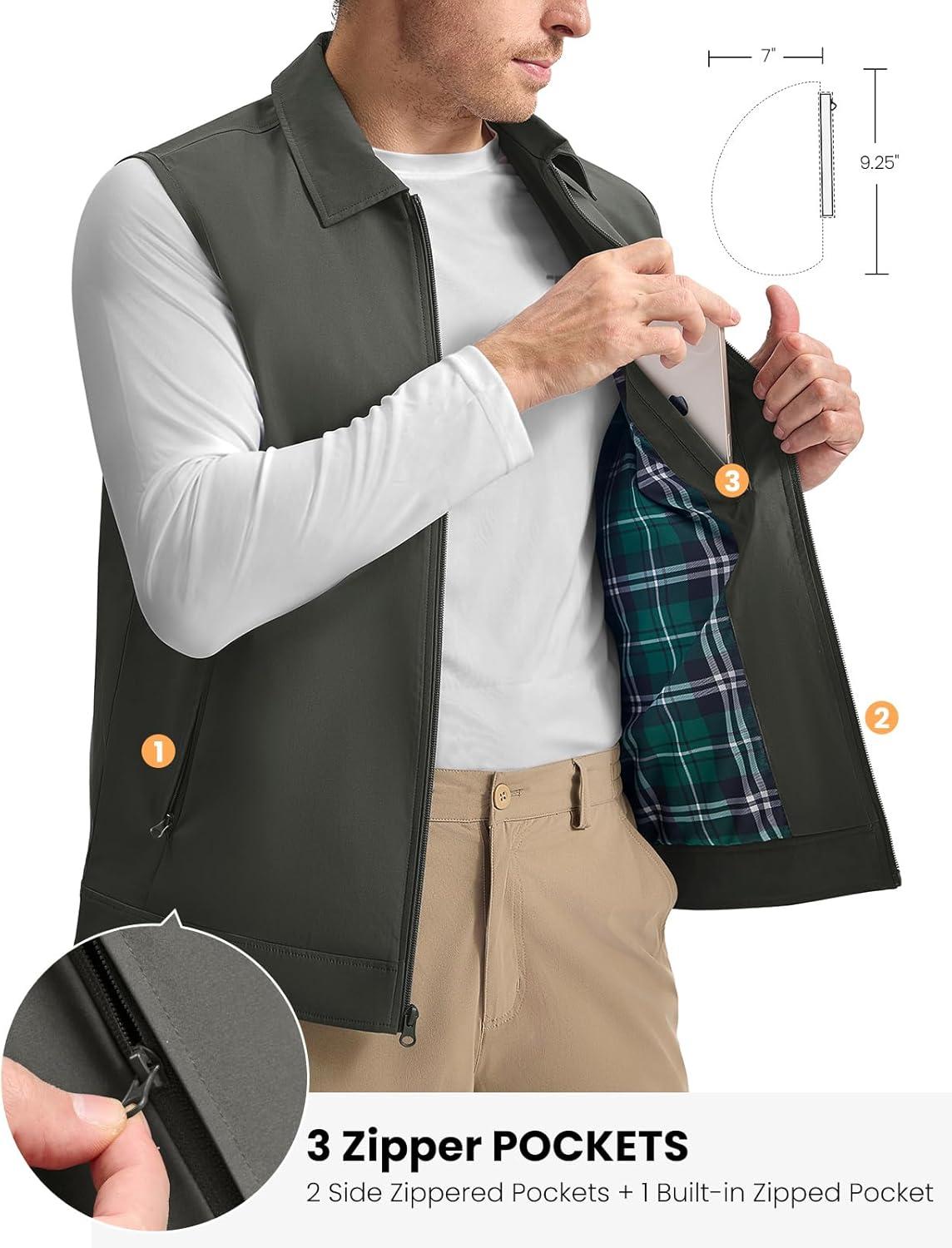 imageTBMPOY Mens Vest Casual Lightweight Thin Utility 3 Zip Pockets Stylish Sleeveless Jackets Summer Fall Golf Travel BusinessCharcoal Grey