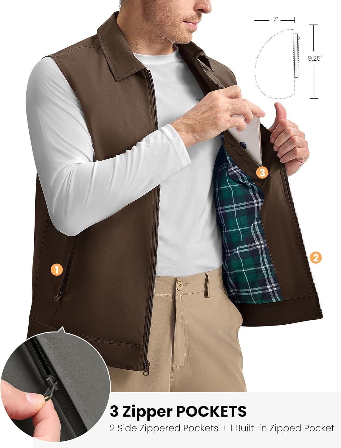 imageTBMPOY Mens Vest Casual Lightweight Thin Utility 3 Zip Pockets Stylish Sleeveless Jackets Summer Fall Golf Travel BusinessCofee