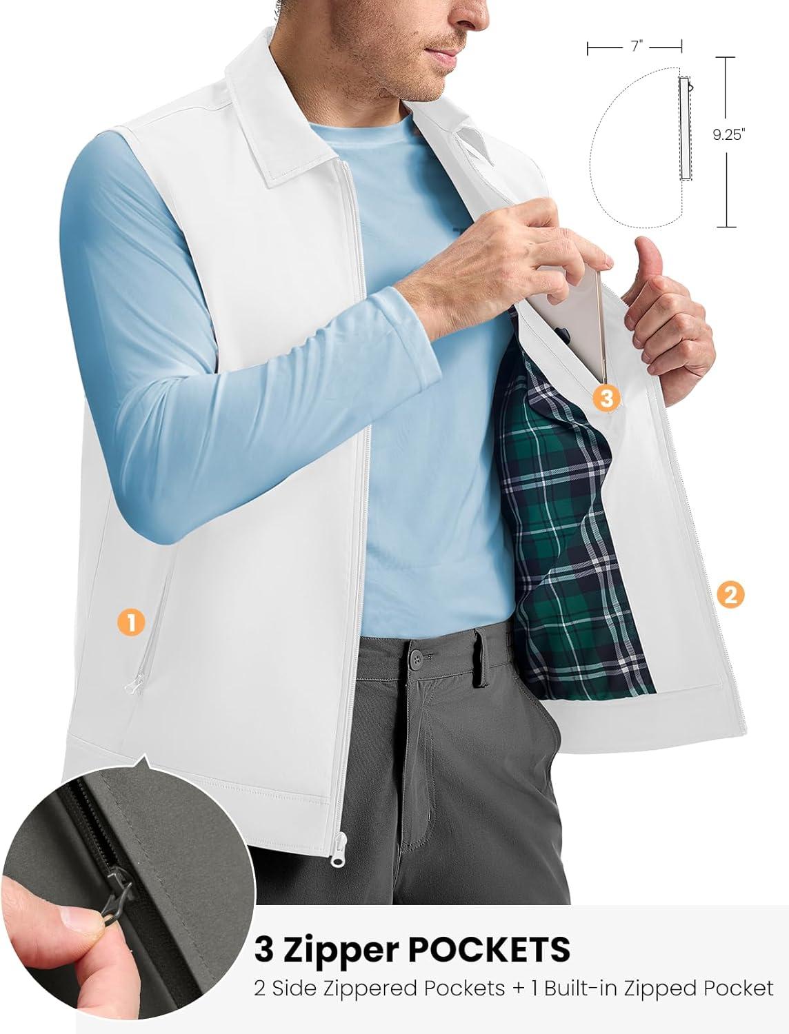 imageTBMPOY Mens Vest Casual Lightweight Thin Utility 3 Zip Pockets Stylish Sleeveless Jackets Summer Fall Golf Travel BusinessWhite