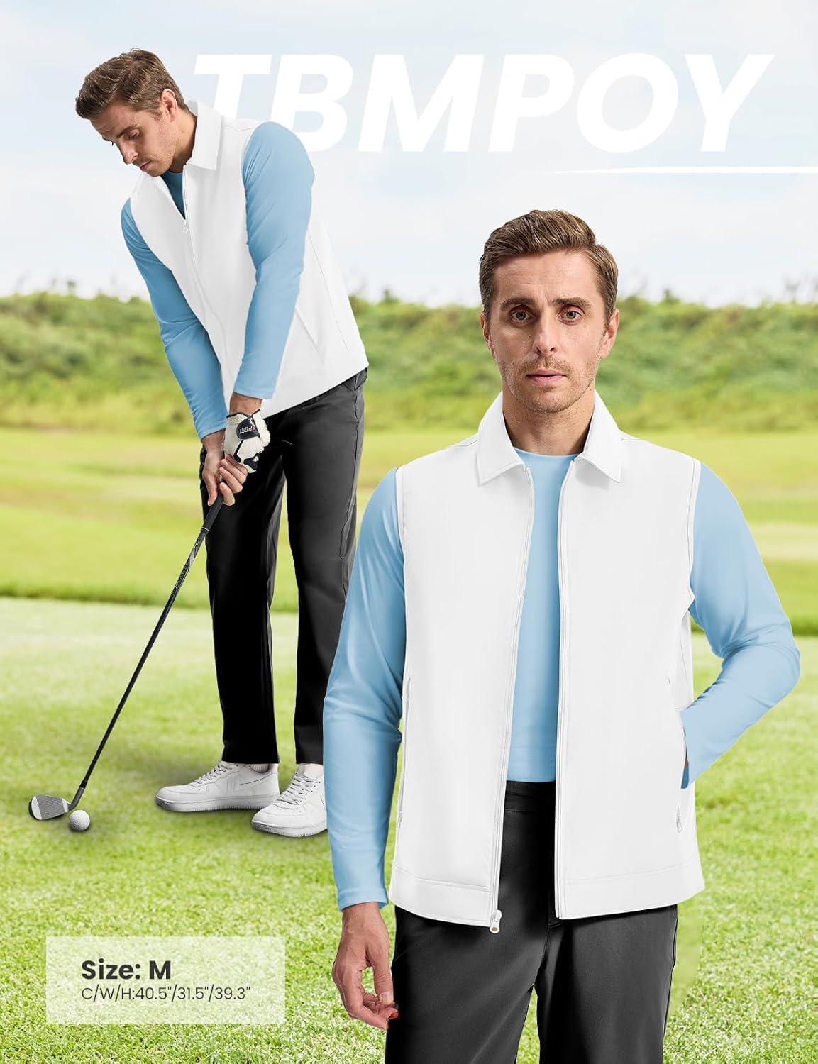 imageTBMPOY Mens Vest Casual Lightweight Thin Utility 3 Zip Pockets Stylish Sleeveless Jackets Summer Fall Golf Travel BusinessWhite