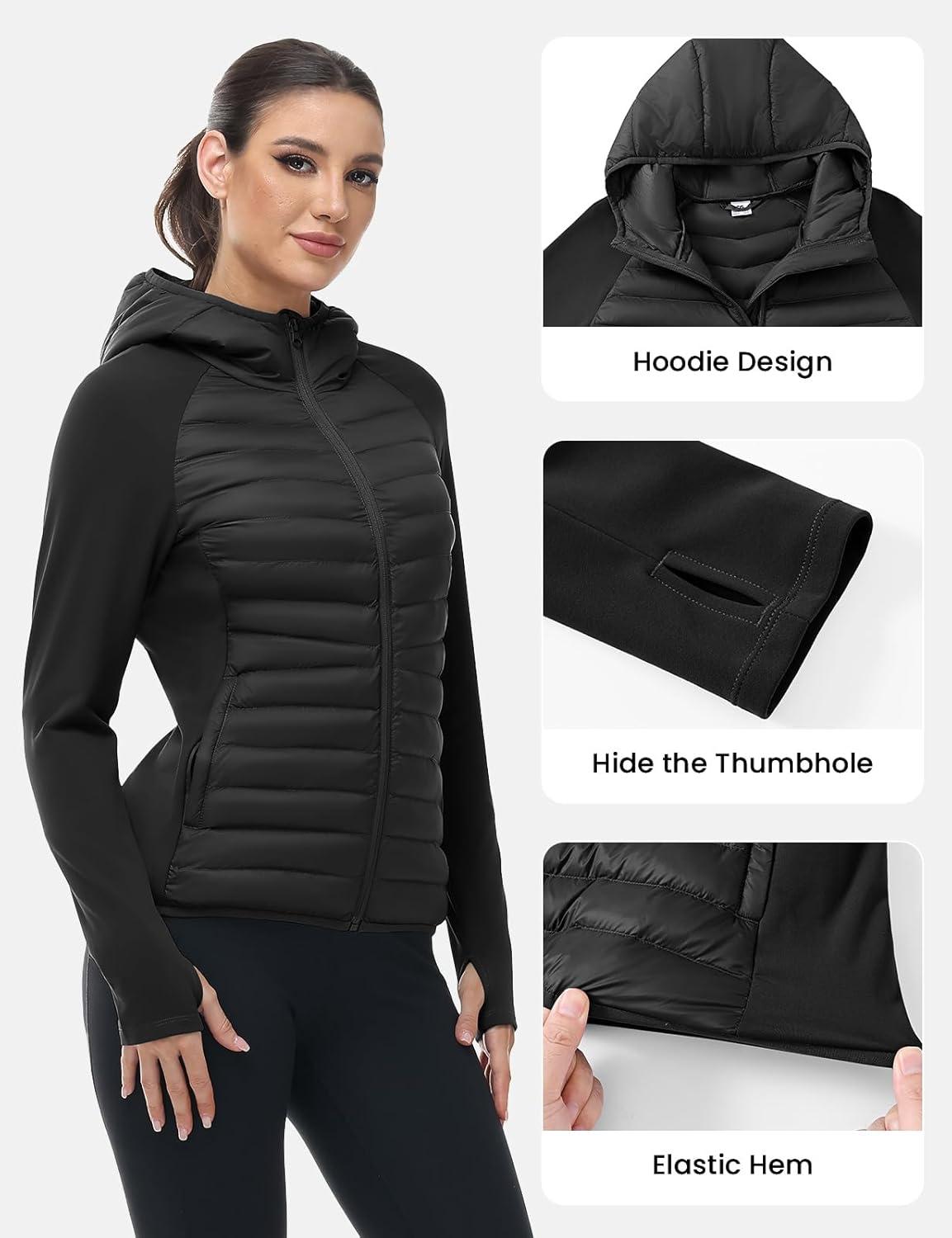 imageTBMPOY Womens Running Winter Jackets with Hood Warm Lightweight Insulated Water Resistant Puffer Jacket for Hiking GolfBlack