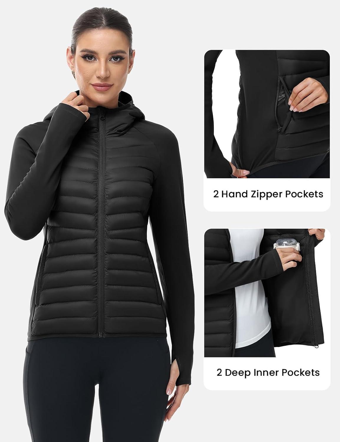 imageTBMPOY Womens Running Winter Jackets with Hood Warm Lightweight Insulated Water Resistant Puffer Jacket for Hiking GolfBlack