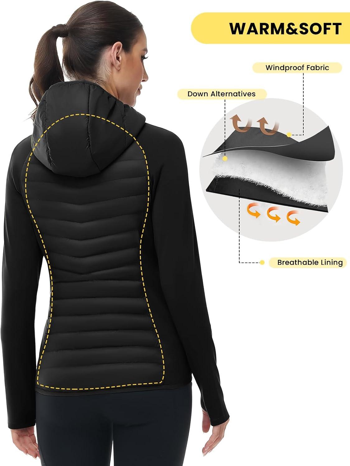 imageTBMPOY Womens Running Winter Jackets with Hood Warm Lightweight Insulated Water Resistant Puffer Jacket for Hiking GolfBlack