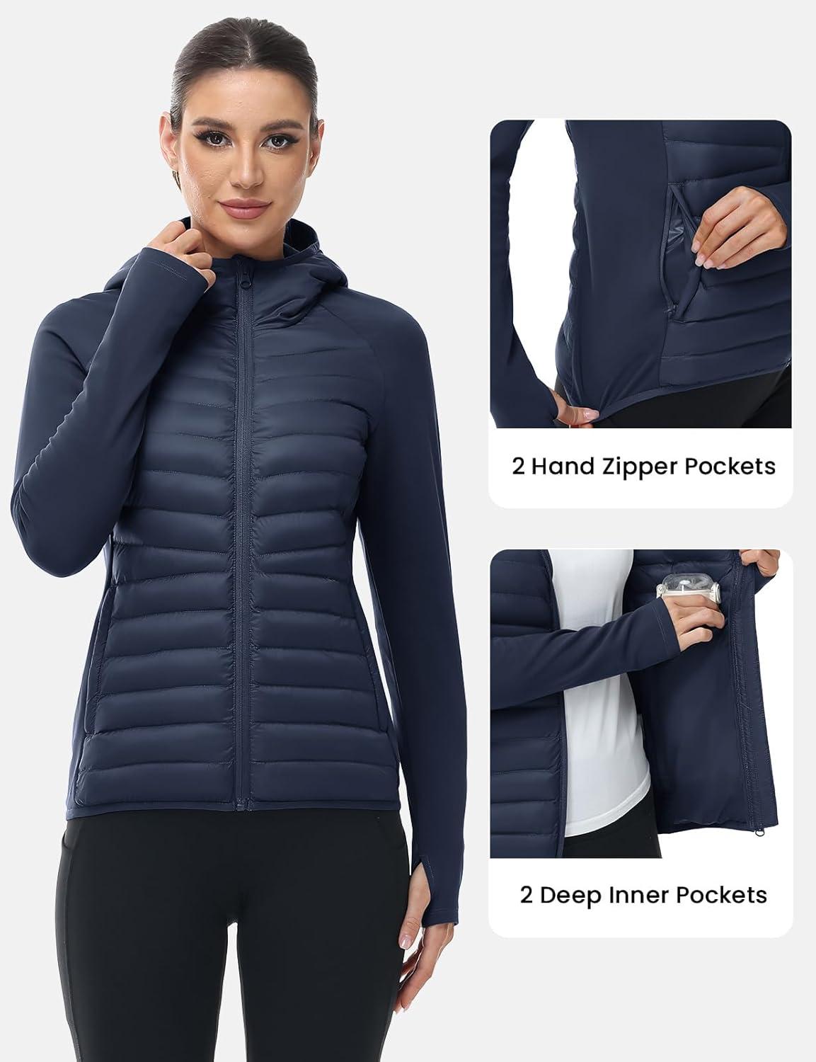 imageTBMPOY Womens Running Winter Jackets with Hood Warm Lightweight Insulated Water Resistant Puffer Jacket for Hiking GolfNavy Blue