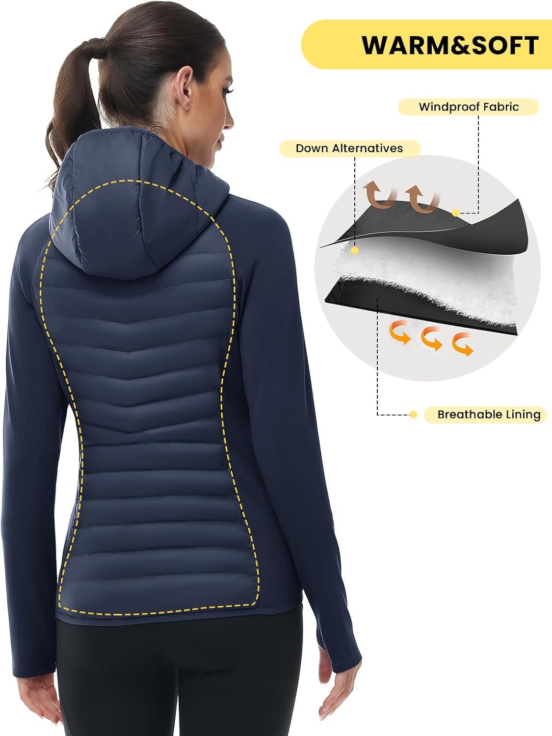 imageTBMPOY Womens Running Winter Jackets with Hood Warm Lightweight Insulated Water Resistant Puffer Jacket for Hiking GolfNavy Blue