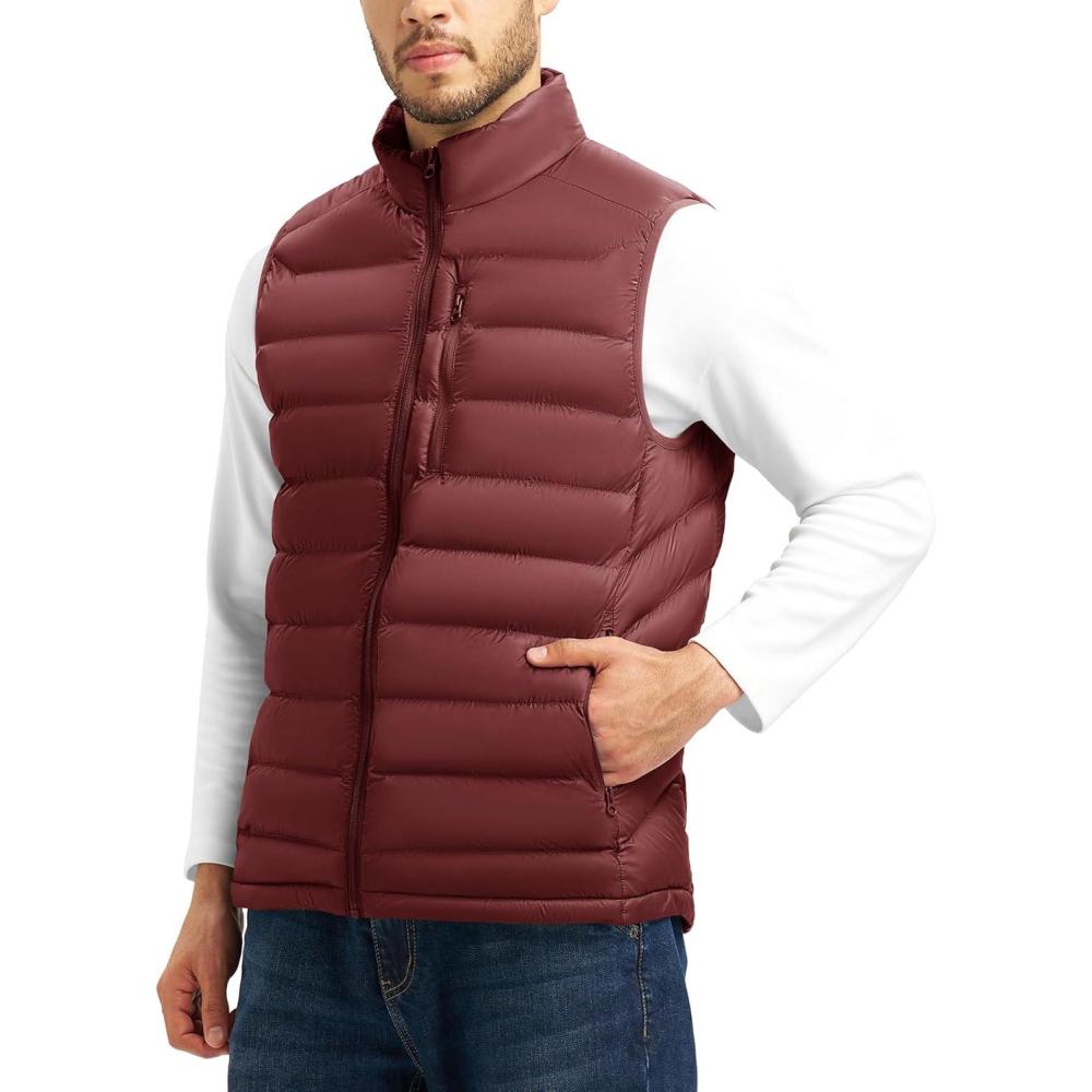 imageTBMPOY Mens Lightweight Puffer Vest Outerwear Puffy Winter Warm Zipper Outdoor Sleeveless Jacket for Running TravelBurgundy