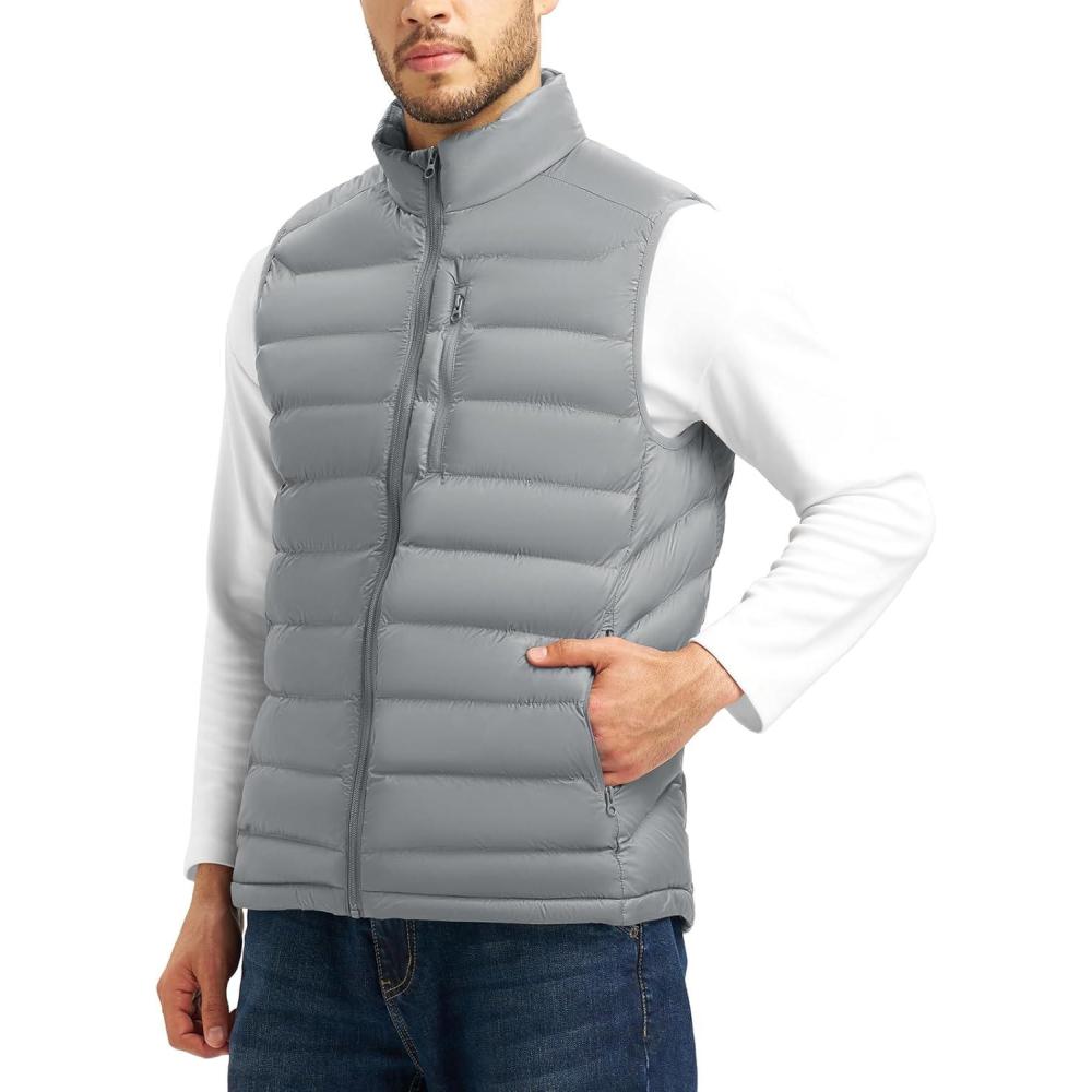 imageTBMPOY Mens Lightweight Puffer Vest Outerwear Puffy Winter Warm Zipper Outdoor Sleeveless Jacket for Running TravelLight Grey