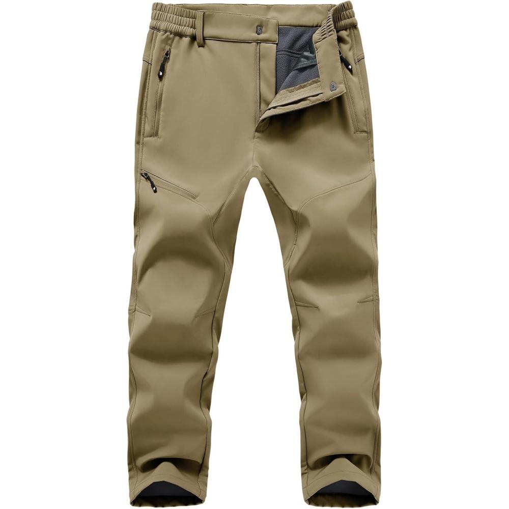 imageTBMPOY Mens Snow Ski Hiking Pants Fleece Lined Waterproof Winter Pant Softshell Camping Travel Ice Fishing Hunting PantKhaki