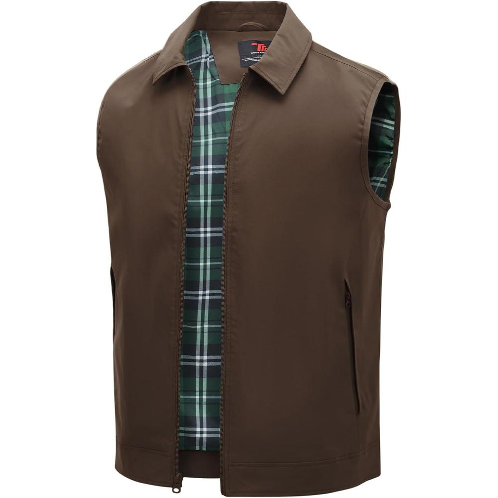 imageTBMPOY Mens Vest Casual Lightweight Thin Utility 3 Zip Pockets Stylish Sleeveless Jackets Summer Fall Golf Travel BusinessCofee