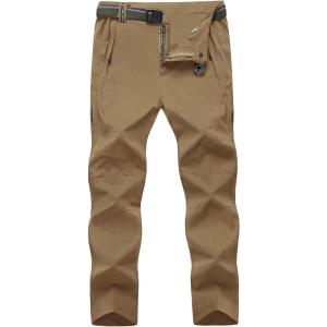 imageTBMPOY Mens Lightweight Hiking Pants with Belt 5 Zip Pockets Waterproof QuickDry Travel Fishing Work Outdoor PantsDark Khaki
