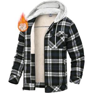 image:imageTBMPOY Mens Flannel Shirt Jacket Fleece Lined Plaid Sherpa Full Zip Winter Hoodie Warm Coat Casual Zipper PocketsBlack Blue Plaid