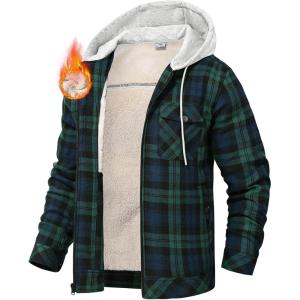 image:imageTBMPOY Mens Flannel Shirt Jacket Fleece Lined Plaid Sherpa Full Zip Winter Hoodie Warm Coat Casual Zipper PocketsBlack Green Plaid