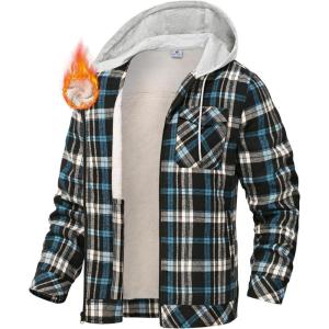 image:imageTBMPOY Mens Flannel Shirt Jacket Fleece Lined Plaid Sherpa Full Zip Winter Hoodie Warm Coat Casual Zipper PocketsNavy Blue Plaid