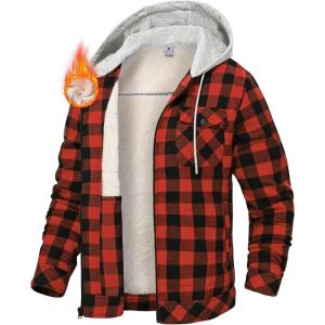 image:imageTBMPOY Mens Flannel Shirt Jacket Fleece Lined Plaid Sherpa Full Zip Winter Hoodie Warm Coat Casual Zipper PocketsRed Black Plaid