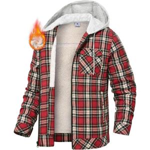 image:imageTBMPOY Mens Flannel Shirt Jacket Fleece Lined Plaid Sherpa Full Zip Winter Hoodie Warm Coat Casual Zipper PocketsRed White Plaid