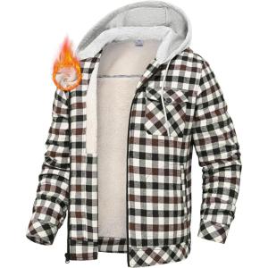 image:imageTBMPOY Mens Flannel Shirt Jacket Fleece Lined Plaid Sherpa Full Zip Winter Hoodie Warm Coat Casual Zipper PocketsWhite Brown Plaid