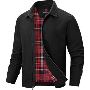 image:imageTBMPOY Mens Casual Cotton Jacket Lightweight Full Zip Canvas Lapel Jackets Business Work Windbreaker with 3 PocketsBlack Red
