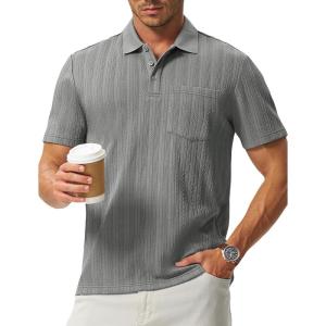 image:imageTBMPOY Mens Casual Knit Polo with Pocket Textured Shirts Short Sleeve Classic Summer VacationGrey