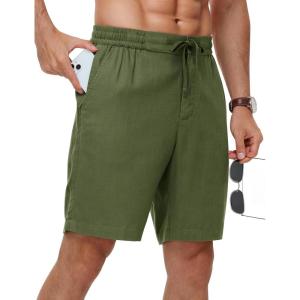 image:imageTBMPOY Mens Linen Casual Shorts Zipper Pocket Elastic Waist Drawstring Summer Beach Vacation ShortArmy Green