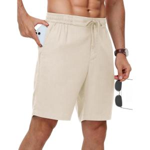 image:imageTBMPOY Mens Linen Casual Shorts Zipper Pocket Elastic Waist Drawstring Summer Beach Vacation ShortBeige