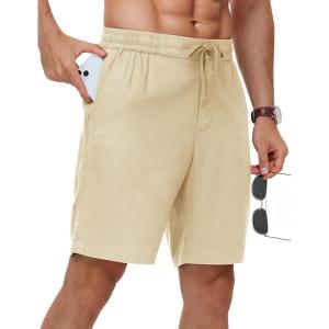image:imageTBMPOY Mens Linen Casual Shorts Zipper Pocket Elastic Waist Drawstring Summer Beach Vacation ShortLight Khaki