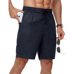 image:imageTBMPOY Mens Linen Casual Shorts Zipper Pocket Elastic Waist Drawstring Summer Beach Vacation ShortNavy