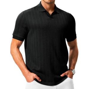 image:imageTBMPOY Mens Casual Knit Polo Shirt Short Sleeve V Neck Textured Stretchy Knitted ShirtsBlack