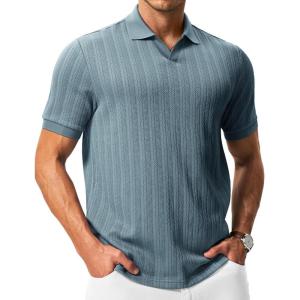 image:imageTBMPOY Mens Casual Knit Polo Shirt Short Sleeve V Neck Textured Stretchy Knitted ShirtsBlue