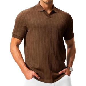 image:imageTBMPOY Mens Casual Knit Polo Shirt Short Sleeve V Neck Textured Stretchy Knitted ShirtsBrown