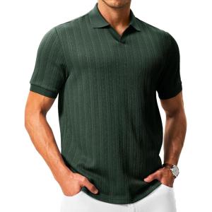 image:imageTBMPOY Mens Casual Knit Polo Shirt Short Sleeve V Neck Textured Stretchy Knitted ShirtsDark Green