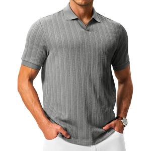 image:imageTBMPOY Mens Casual Knit Polo Shirt Short Sleeve V Neck Textured Stretchy Knitted ShirtsGray
